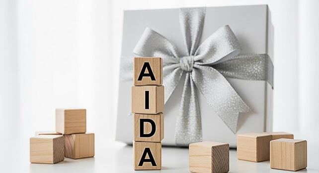 Stack of wooden blocks spelling AIDA in a bright studio setting representing the marketing funnel concept of Attention Interest Desire and Action with a gift box in the background conveying a message photo