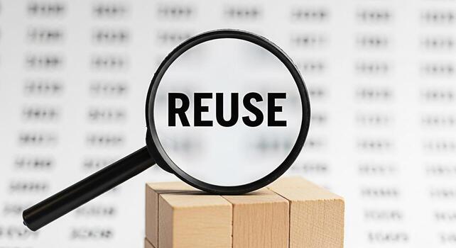 Magnifying glass focusing on the word REUSE displayed on wooden blocks against a backdrop of blurred data symbolizing the concept of resourcefulness sustainability and a mindful approach to business a photo
