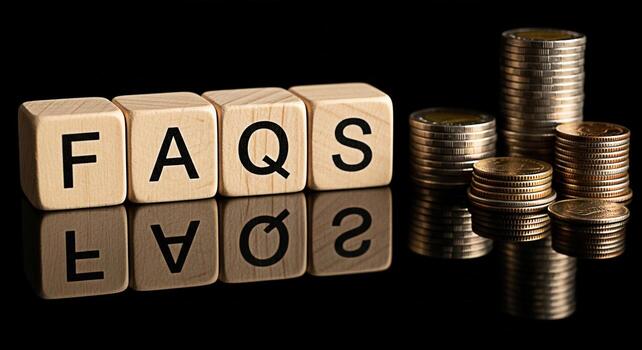 Wooden blocks spelling FAQs next to stacks of coins on a reflective black surface representing financial frequently asked questions and answers providing clarity and guidance for money management and photo