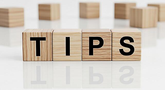 Wooden blocks spelling TIPS on a reflective white surface suggesting helpful advice and guidance creating a clean and minimalist aesthetic for business education and selfimprovement concepts photo
