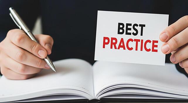 Closeup of a person writing in a notebook while holding a card with the words Best Practice in a professional setting emphasizing the importance of following established guidelines and procedures for photo