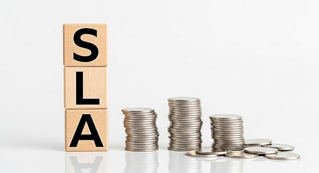 Wooden blocks displaying SLA next to stacks of coins on a white surface representing Service Level Agreement and financial investment conveying a message of business commitment and financial growth photo