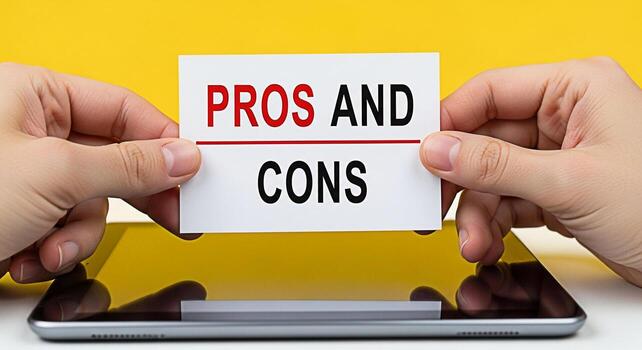 Hands holding a card with Pros and Cons text over a tablet on a yellow background representing decisionmaking analysis and evaluation in a modern digital environment for business and personal choices photo