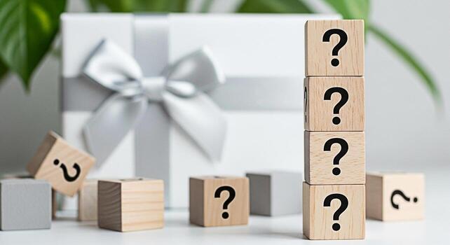 apilar de de madera bloques mostrando pregunta marcas siguiente a un envuelto regalo en un blanco superficie creando un sentido de misterio y anticipación Perfecto para temas de incertidumbre sorpresa y Toma de decisiones foto