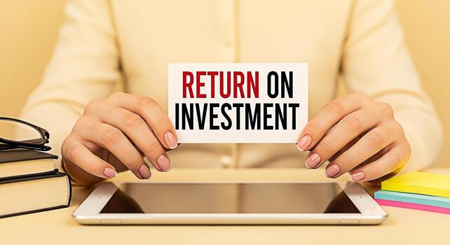 Woman holding a Return On Investment ROI card in a bright office setting symbolizing financial success and strategic planning with a tablet books and sticky notes on the desk creating a productive and photo