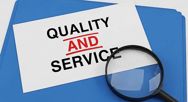 Closeup of a magnifying glass examining a document emphasizing Quality and Service on a blue folder representing a commitment to excellence and customer satisfaction in a professional setting photo