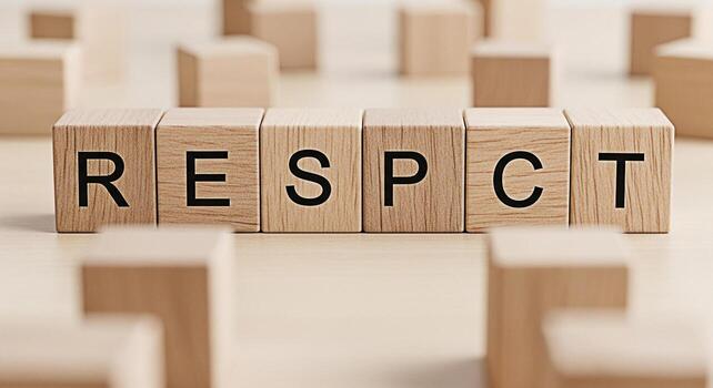 de madera bloques ortografía el respeto arreglado en un ligero de madera superficie rodeado por otro bloques simbolizando núcleo valores ético comportamiento y el importancia de tratando otros con dignidad y Considerati foto