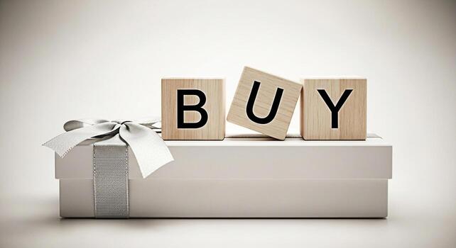 Elegant gift box with a silver ribbon displaying wooden blocks spelling BUY in a minimalist studio setting conveying a message of purchase shopping and consumerism with a clean and modern aesthetic photo