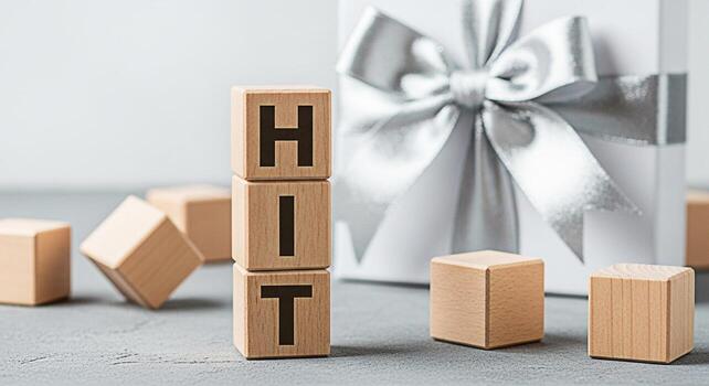 Wooden blocks spelling HIT stacked on a gray surface with a gift box in the background symbolizing success achievement and target accomplishment in a minimalist and elegant setting photo