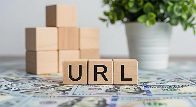 Wooden blocks spelling URL on a bed of US currency symbolizing online business success and financial growth in a modern minimalist setting representing digital marketing and website monetization strat photo