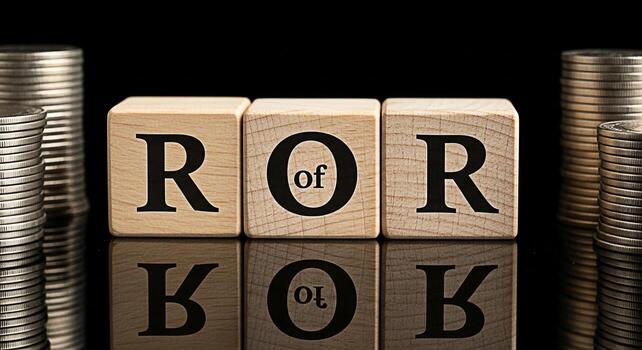 Wooden blocks displaying ROR surrounded by stacks of coins on a reflective black surface symbolizing financial return on investment and business success with a focus on growth and profitability photo