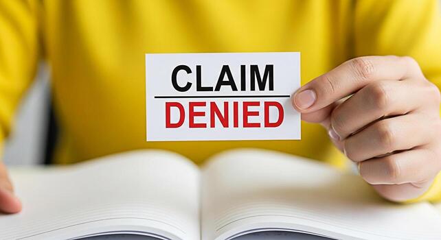 Closeup of a person holding a Claim Denied card over an open book symbolizing rejection and disappointment in a financial or insurance context creating a mood of frustration and uncertainty photo