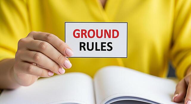 mujer participación un firmar con el palabras suelo reglas en frente de un abierto libro enfatizando el importancia de estableciendo pautas y Expectativas en un aprendizaje o colaborativo ambiente promoviendo cl foto