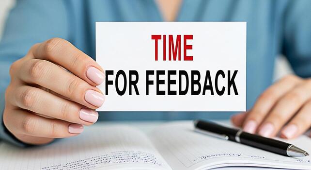 Closeup of a womans hands holding a card that says Time for Feedback over an open notebook with a pen suggesting a moment for reflection and improvement in a business or personal development setting photo