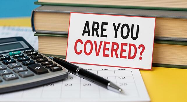 Closeup of a calculator pen and calendar with a card asking Are You Covered on a yellow surface symbolizing financial planning insurance coverage and the importance of being prepared for unexpected ev photo