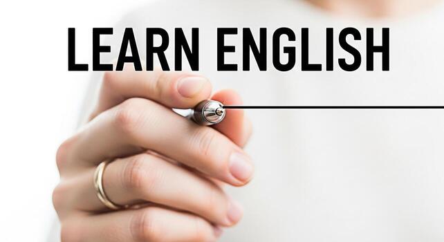 de cerca de un mano participación un bolígrafo escritura aprender Inglés en un pizarron simbolizando educación y idioma adquisición en un brillante minimalista ajuste transporte un mensaje de conocimiento y habilidad desarrollar foto