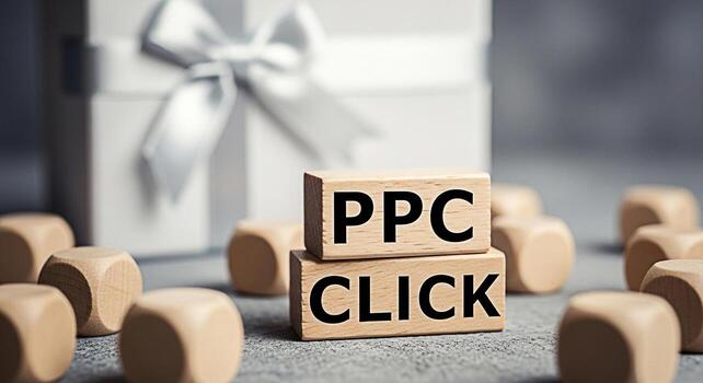 Wooden blocks displaying PPC Click in a studio setting surrounded by gift box and wooden dice representing a successful online advertising campaign and increased website traffic conveying a sense of a photo
