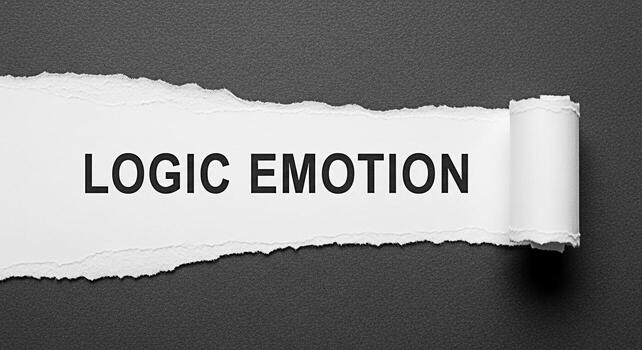 Torn paper revealing the words Logic Emotion on a dark gray background representing the balance between rational thinking and emotional intelligence in decisionmaking and problemsolving conveying a co photo