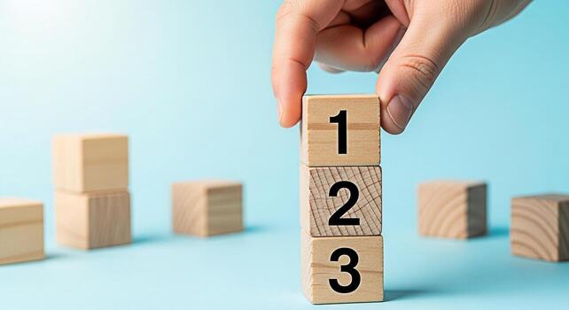 Hand stacking wooden blocks with numbers 1 2 and 3 on a light blue surface representing a simple stepbystep guide a countdown or a ranking system with a clean and minimalist aesthetic photo