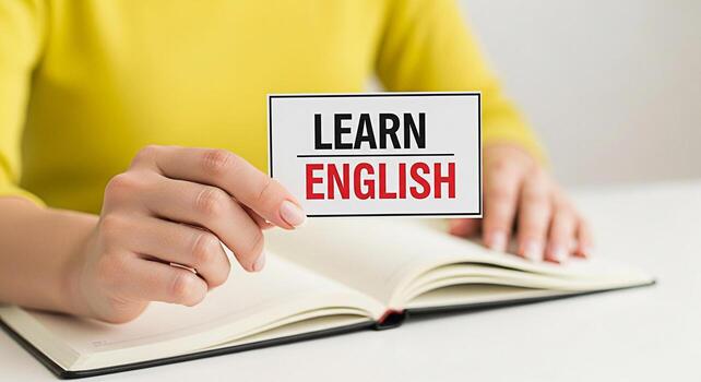 enfocado estudiante participación un aprender Inglés tarjeta encima un abierto cuaderno en un blanco escritorio simbolizando idioma adquisición educativo oportunidades y el búsqueda de conocimiento en un brillante y atractivo pasto foto