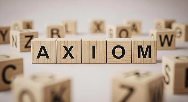 de madera alfabeto bloques ortografía fuera axioma en un limpiar brillante superficie rodeado por otro letrado bloques representando un fundacional concepto verdad o principio en un minimalista y educativo ajuste foto