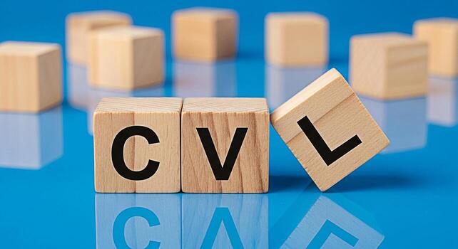 Wooden blocks spelling out CVL on a reflective blue surface representing career development and learning symbolizing professional growth and the importance of continuous skill enhancement in a competi photo