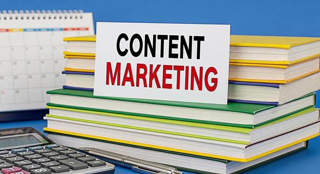 Concept of content marketing strategy displayed on a card placed on a stack of books in a business environment symbolizing knowledge planning and the importance of digital marketing for business succe photo