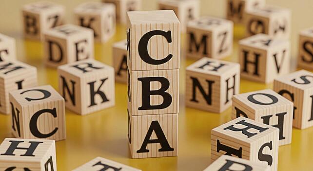 apilado de madera alfabeto bloques ortografía cba en un amarillo superficie rodeado por otro letra bloques creando un juguetón y educativo atmósfera simbolizando temprano aprendizaje y infancia desarrollo foto