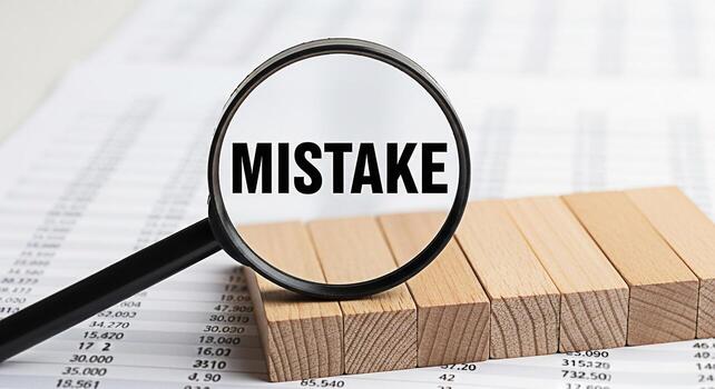 Magnifying glass focusing on the word Mistake placed on wooden blocks over financial data symbolizing error analysis and the importance of attention to detail in business and financial auditing proces photo