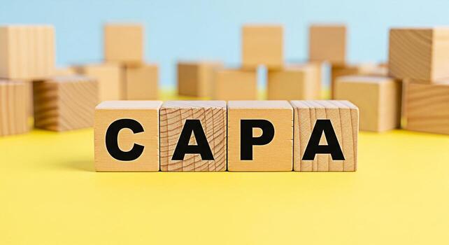 Wooden blocks spelling CAPA on a yellow surface representing corrective and preventive actions in a business setting conveying a sense of structured problemsolving and continuous improvement photo