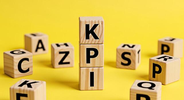 Wooden blocks spelling out KPI standing tall on a vibrant yellow background surrounded by alphabet blocks representing key performance indicators and business success conveying a sense of focus and ac photo
