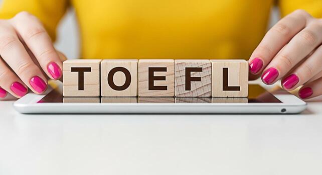 Female hands arranging wooden blocks spelling TOEFL on a tablet in a bright studio symbolizing preparation for the Test of English as a Foreign Language and the importance of language proficiency photo