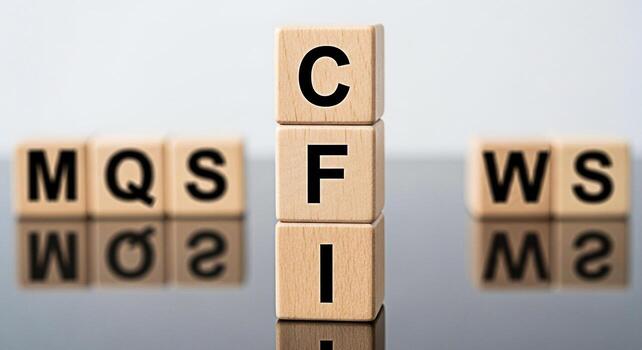 Wooden blocks displaying CFI stacked vertically on a reflective surface representing corporate finance and investment surrounded by MQS and WS blocks symbolizing market quality and web services in a b photo