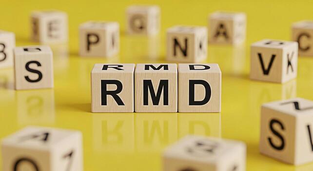 de madera bloques ortografía rmd en un vibrante amarillo superficie rodeado por dispersado alfabeto bloques creando un juguetón y educativo atmósfera ideal para ilustrando conceptos de aprendizaje desarrollo y foto