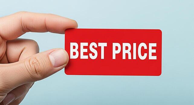 Closeup of a hand holding a red card with the words Best Price against a light blue background symbolizing a great deal and attracting customers with a clear message of affordability and value photo