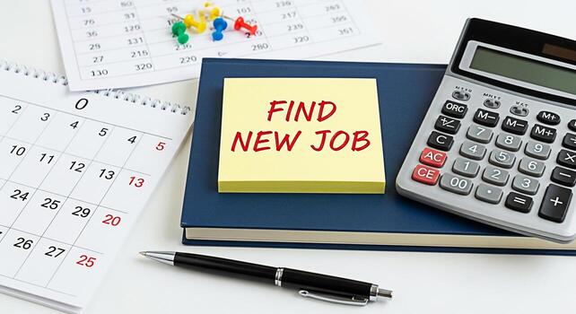 Conceptual shot of a desk with a sticky note reading Find New Job placed on a notebook surrounded by a calendar calculator and pen symbolizing career change job search and new opportunities in a works photo