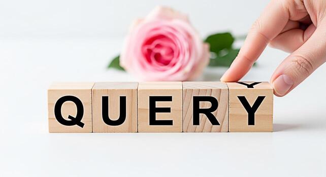 Delicate hand arranging wooden blocks spelling QUERY on a clean white surface with a soft pink rose in the background symbolizing a thoughtful search for answers and a touch of elegance photo