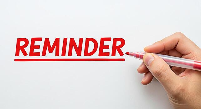 Closeup of a hand underlining the word REMINDER in red marker on a white surface emphasizing the importance of deadlines and tasks in a clean minimalist environment promoting focus and productivity photo