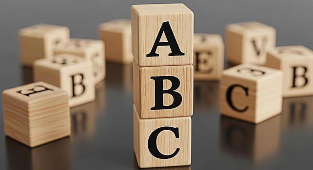Wooden alphabet blocks stacked on a reflective surface creating a playful and educational atmosphere ideal for early learning concepts and childhood development materials in a studio setting photo