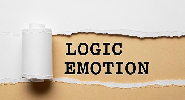 Torn paper revealing the words Logic Emotion on a beige background symbolizing the balance between rational thought and feelings creating a concept of decisionmaking and emotional intelligence photo
