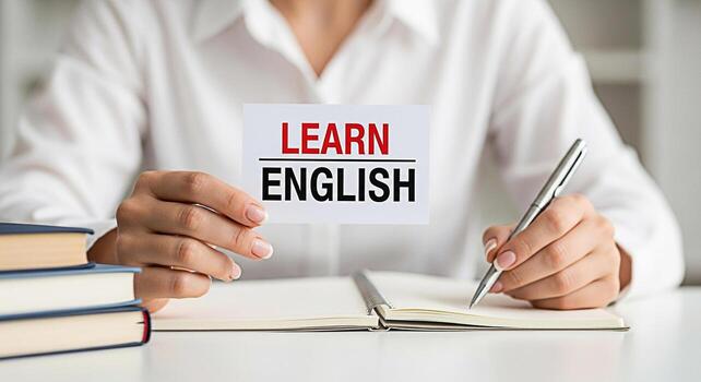 enfocado estudiante en un brillante estudiar habitación participación un aprender Inglés tarjeta y tomando notas en un cuaderno simbolizando Dedicación a idioma adquisición y académico éxito con un limpiar moderno estético foto