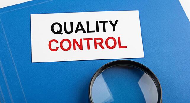 Closeup of a magnifying glass examining a card with the words Quality Control on a blue folder emphasizing the importance of precision and attention to detail in business processes for achieving excel photo