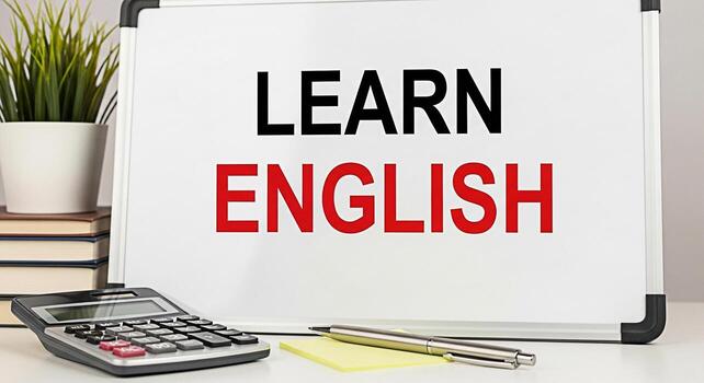 educativo preparar presentando un pizarron mostrando aprender Inglés en negrita letras junto a un calculadora bolígrafo libros y un en conserva planta en un brillante escritorio simbolizando idioma adquisición y académico tal foto