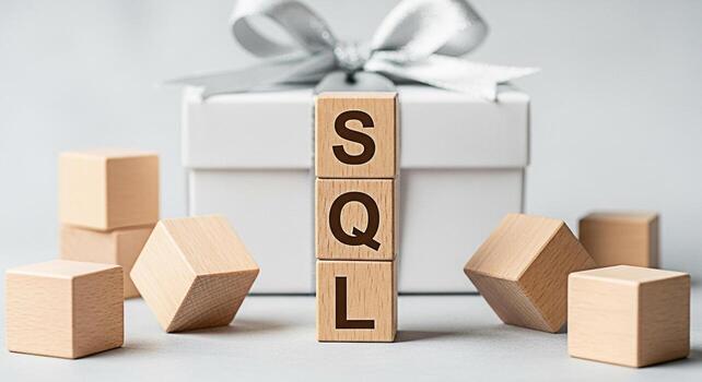 Wooden blocks spelling SQL stacked in front of a white gift box with a silver ribbon representing a valuable database skill in a clean modern setting symbolizing the importance of data management photo