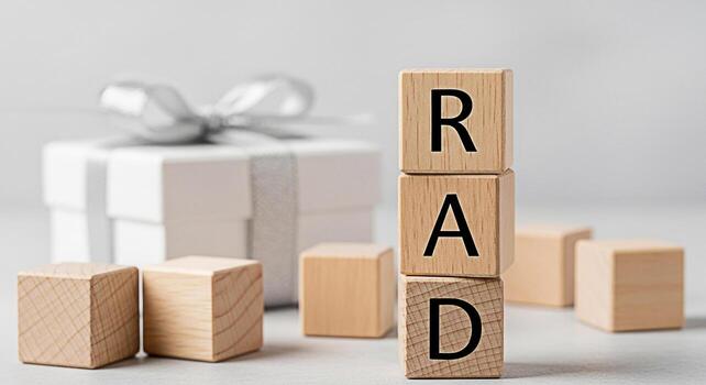 Stack of wooden blocks spelling RAD in a minimalist studio setting symbolizing positive vibes and a cool modern aesthetic with a gift box in the background perfect for lifestyle and motivational conte photo