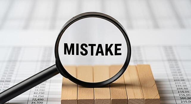 Magnifying glass revealing the word Mistake on a financial document placed atop wooden blocks symbolizing error detection and highlighting the importance of accuracy in accounting and business analysi photo