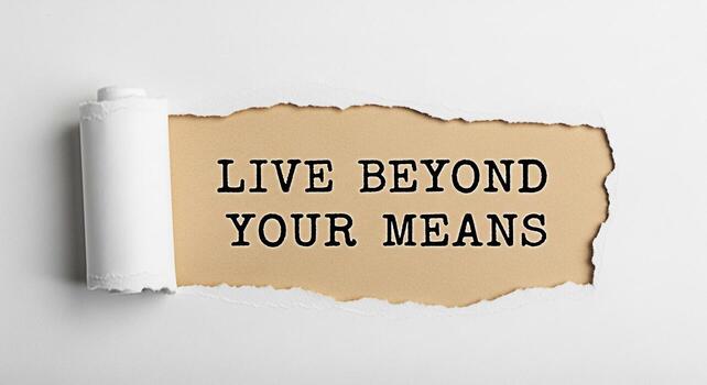 Torn paper revealing a message Live Beyond Your Means on a beige background symbolizing financial risk overspending and the potential for debt and instability creating a sense of caution and awareness photo