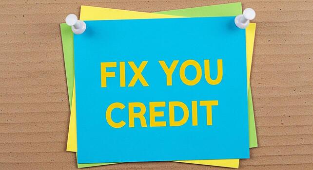 Eyecatching blue note with yellow text pinned on a corkboard stating Fix Your Credit symbolizing financial recovery and offering a message of hope and guidance for improving credit scores and achievin photo