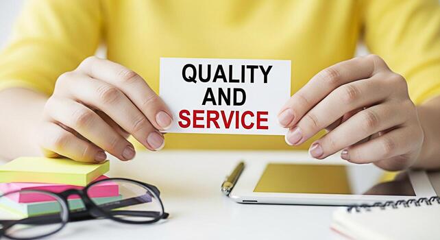 Closeup of hands holding a card with the text Quality and Service in a bright office setting symbolizing commitment to excellence and customer satisfaction in business operations and customer relation photo