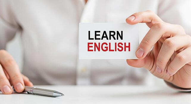 persona participación un tarjeta con el texto aprender Inglés en un brillante minimalista ajuste simbolizando educación y idioma adquisición Fomentando un sentido de oportunidad y global comunicación foto